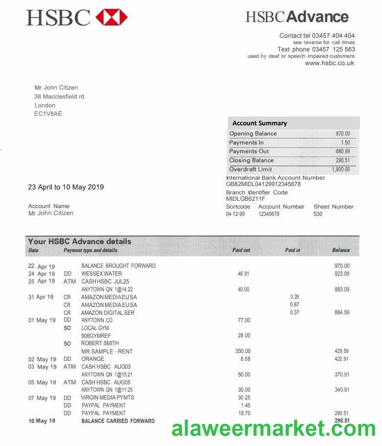 United Kingdom HSBC bank proof of address statement template in PSD format, fully editable